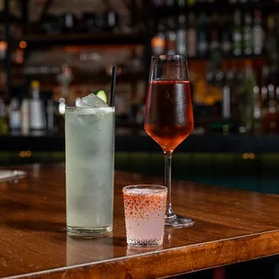Three drinks on a high top