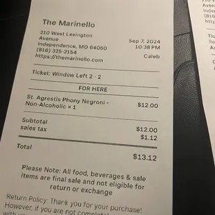 Negroni NA is listed as 10$ on the menu, but was charged 12$?