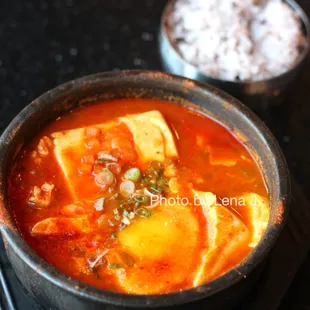 Soondubu ($13) - Spicy seafood tofu soup. It's OK. Wasn't hot enough for the egg to cook.