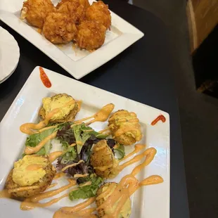 Famous balls in the top, fried deviled eggs below