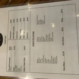 Drink menu
