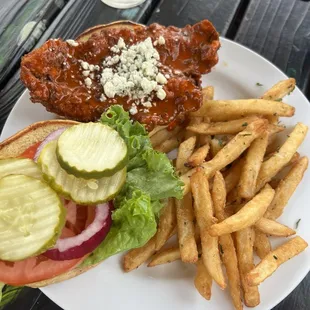 Buffalo chicken sandwich with bleu cheese crumbles.