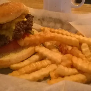 a cheeseburger and fries