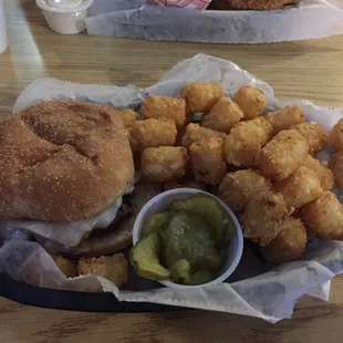 Cheese burger and tots