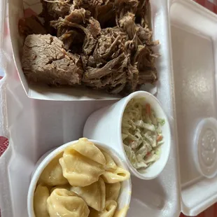 BBQ brisket, Mac-n-cheese, Cole slaw