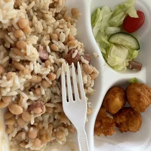 Friday plate lunch -white beans and rice, shrimp boulettes, and a side salad