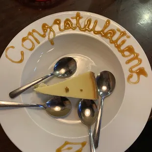 Cheesecake on the house to celebrate a graduation in our party.