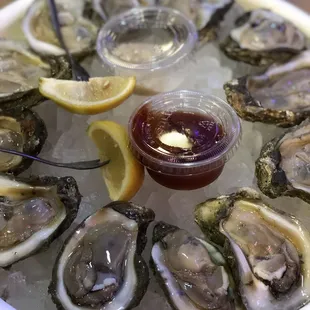Dozen of oysters with horseradish and cocktail sauce