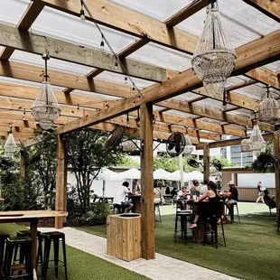 people sitting at tables under a pergolated roof