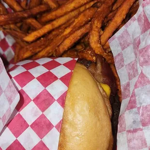 Bacon Cheeseburger with sweet potato fries