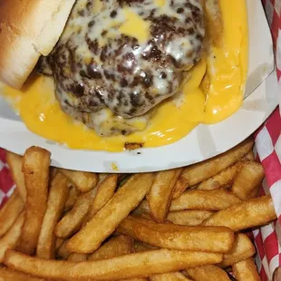 Mini BIG cheese burger (4 patties of beef) and regular French fries