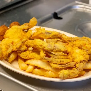 a plate of fried fish and fries