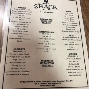 the menu for the shack shack