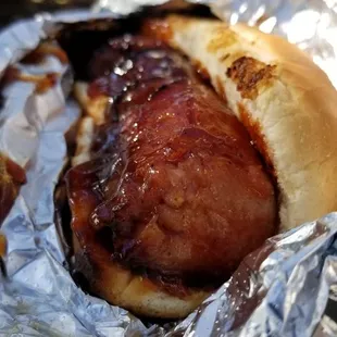 Kielbasa, "John's Way", his special BBQ-ish sweet-ish sauce. Yummy!