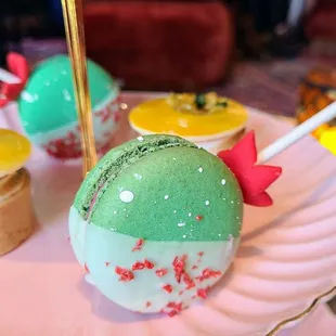 Zee sweets~~~  Cactus macaron lollipop and desert sunset yuzu tart!  Both were yummy and the sweetness  was just riiight!