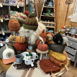 Assorted knitted hats by none other than mom!