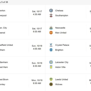 Premier League Soccer Week 5 Schedule