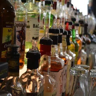 a row of liquor bottles
