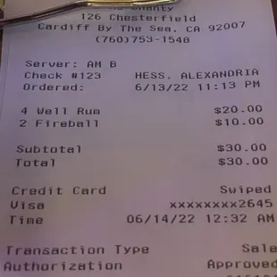 a receipt for a drink