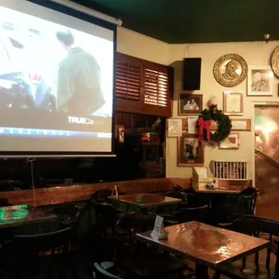 One big screen, 4 pool tables, a pleasant horseshoe bar, lots of tables inside AND outside on the patio.