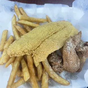 $9.99 Catfish and 2 wings meal with a soda