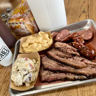 3 meat combo (2 orders of Brisket/1 spicy sausage) with red potatoe salad &amp; Mac+Cheese