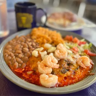 The Shed. It&apos;s not just for breakfast. Red enchiladas with shrimp.