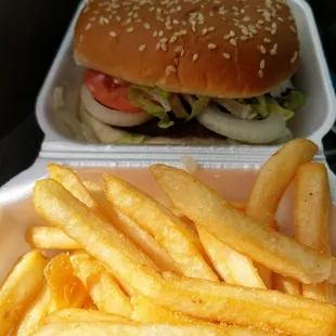 a hamburger and french fries