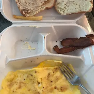 Bacon plate. They were out of grits so I substituted hash browns, but as you can see, we didn't get them. Horrible customer service.