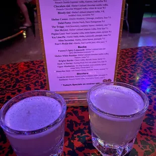 Blueberry  kamikazes. Get them every time since I saw a special on the sign years ago.