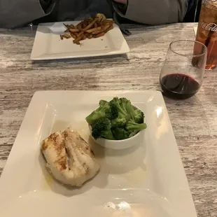 a plate of food and a glass of wine