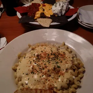 Crab mac and cheese, loaded nachos, and a personal pan pizza