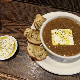 lentil soup and tzatziki with feta cheese