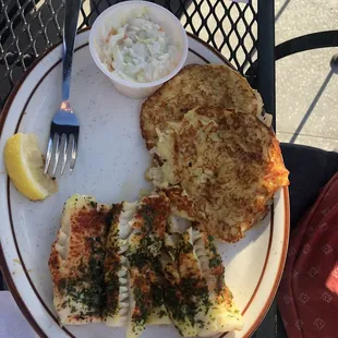 Baked cod dinner with potato pancakes