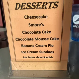 Dessert menu