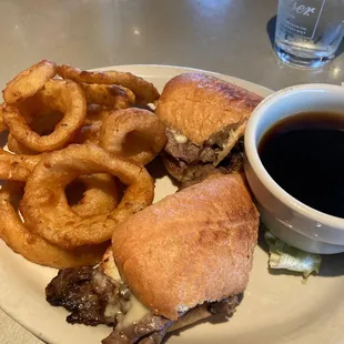 Prime. Rib, damp. Usually comes with fries, but you can get soup or onion rings.