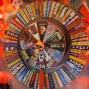 a wheel of fortune with a lot of stickers on it