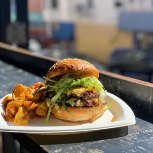 a hamburger and fries on a plate