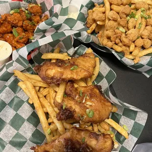 Beer battered fish, shrimp basket, and buffalo bites