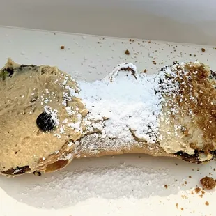 Dark chocolate pistachio cannoli with half espresso and half cookie butter.