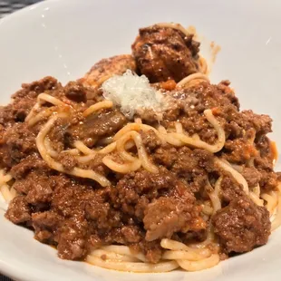 Spaghetti with Tony&apos;s meatballs and Bolognese sauce