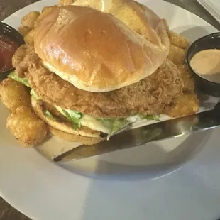 Chicken sandwich and tater tots