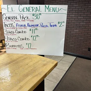 El General menu.