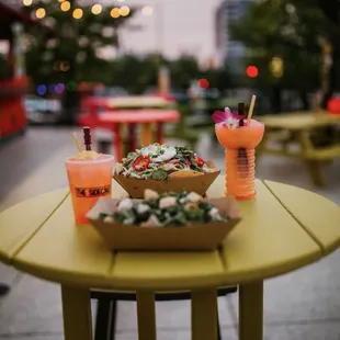 a table with food and drinks on it
