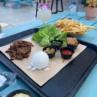 pork bossam, fries, and guanabana drink