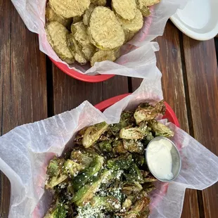 Fried Brussels sprouts and fried dill pickles