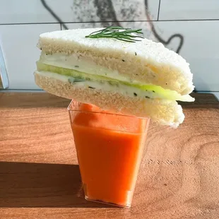 Gazpacho Shooters with Lemon Whipped Feta Cucumber Sandwiches for Catering