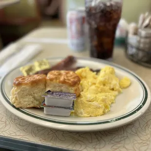 Two egg breakfast- bacon and biscuits