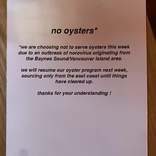 Oyster menu 4-8-22; usually there are east and west options!