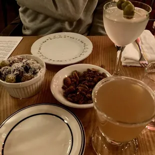 a table of food and drinks